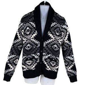 Adam Levine Men L Fair Isle Shawl Cardigan Aztec Black Gray Sweater Southwestern